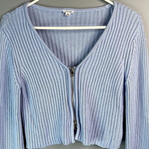 Garage Cropped Zipper Cardigan Kentucky Blue Ribbed Knit V-Neck Long Sleeves L - Picture 3 of 10